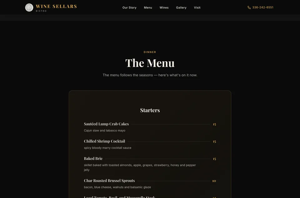 Wine Sellars Bistro — The Menu — real HTML now, not a PDF link
